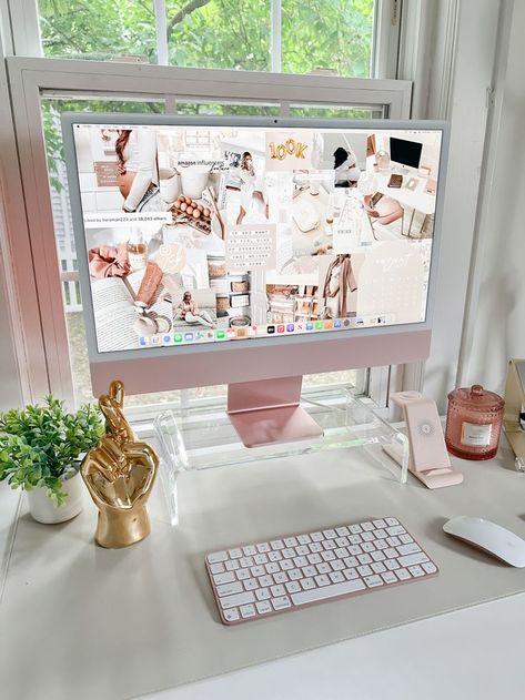 Home Office Pink Desk, Cozy Home Office Pink, Pink Imac Aesthetic, Pink Imac Desk Setup, Aesthetic Office Supplies, Imac Aesthetic Set Up, Imac Desk Setup Aesthetic, Office Girl Aesthetic, Aesthetic Office Ideas