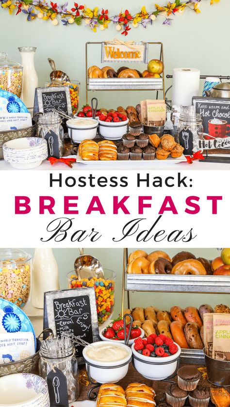 Remove the Hostess Stress of meals! Create this unbelievably easy Breakfast Bar/Buffet Hack! Make morning simple with fun decor, food ideas to please hungry families & friends. Including paleo, bright line and gluten-free food alternatives! Perfect for sleepover parties, brunch, and holiday crowds. Breakfast And Brunch, Diy Breakfast Bar, Easy Breakfast Bar, Buffet Party, Bar Buffet, Diy Breakfast, Brunch Bar, Breakfast Party, Brunch Buffet