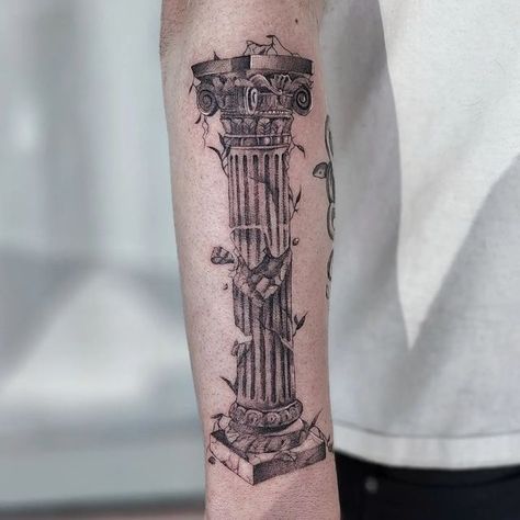 Roman Buildings Tattoo, Roman Collums Tattoo, Greek Tattoo Fillers, Greek Tattoo Filler Ideas, Roman Aesthetic Tattoo, Roman Temple Tattoo, Greek Collums Tattoo, Italian Mythology Tattoo, Greek And Roman Tattoos