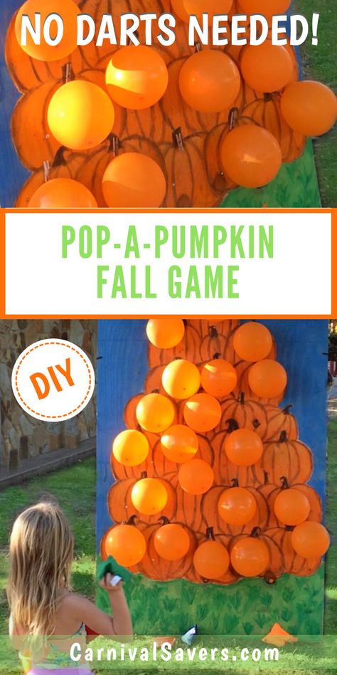 Fall Festival Game Idea - Pop-a-Pumpkin! Grab the FREE Pattern Download too! Pop The Pumpkin Game, Pumpkin Toss Game Ideas, Carnival Games Trunk Or Treat, Pumpkin Carnival Games, Games For Harvest Festival, Prizes For Fall Festival Games, Fall Fair Ideas Carnival Games, Fall Fest Carnival Games, Fall Festival Preschool Games