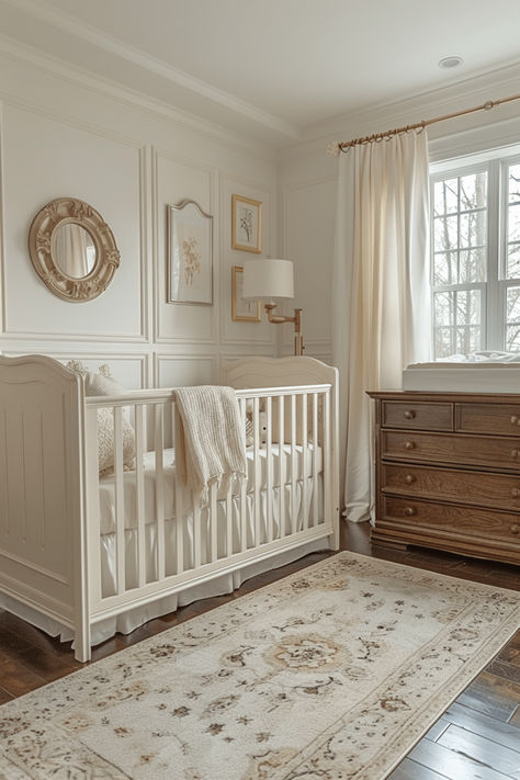 40 Small Neutral Nursery Ideas for Compact Spaces Gender Neutral Nursery White Crib, Vintage White Nursery, Traditional Neutral Nursery, Cream And Grey Nursery, Cot In Parents Room, Mix And Match Nursery Furniture, Nursery Ideas Transitional, Nursery Ideas Names On Wall, Box Trim Nursery