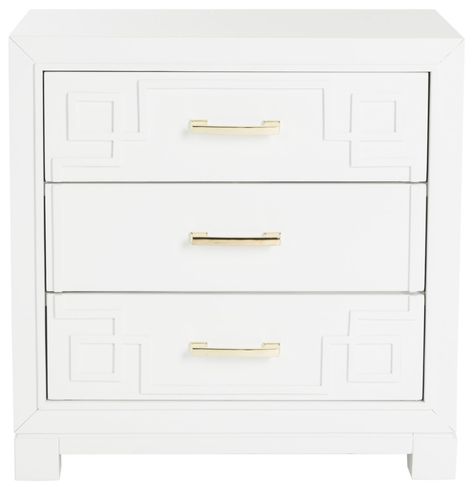 FOX6278A Accent Tables, Nightstands - Furniture by Safavieh Modern Chinoiserie, Three Drawer Nightstand, Safavieh Furniture, Greek Key Pattern, Eclectic Bedroom, White Storage, White Nightstand, White Side Tables, Wood Nightstand
