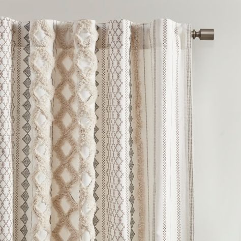 INK+IVY Imani Cotton Printed Curtain Panel with Chenille Stripe and Lining - On Sale - Bed Bath & Beyond - 33448251 Boho Curtains Living Room, Farmhouse Curtains Living Room, Window Treatments Bedroom, Boho Curtains, Curtains Living, Curtain Texture, Farmhouse Curtains, Printed Curtains, Cotton Curtains