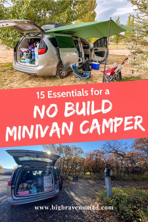 15 Must Have for a No Build Minivan Camper — Big Brave Nomad Best Mini Van Accessories, Minivan Camping Hacks, Mini Van Camping Ideas, Chrysler Pacifica Camper Conversion, Mini Van Conversion Minivan Camping, Van Camping Minivan, No Build Minivan Camper, Van Camping Ideas, Mini Van Camper