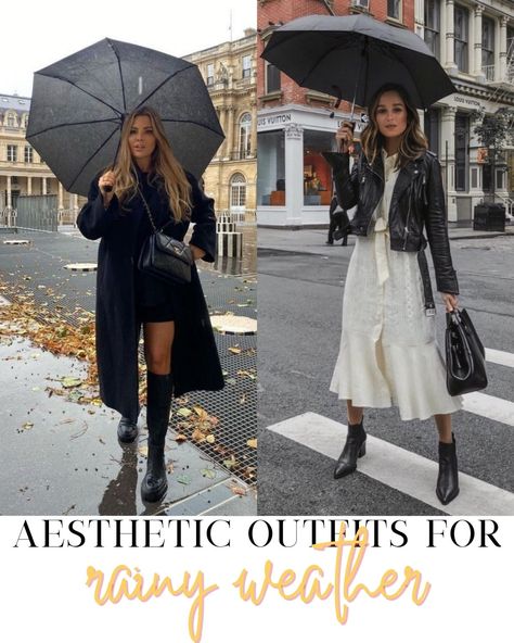 25 Practical And Cute Spring Rainy Day Outfits - ljanestyle Fall Rainy Outfits Women, How To Dress For A Rainy Day, Outfit In Rainy Days, Rain Outfit Women, Summer Outfit Rainy Days, Date Night Rainy Day Outfit, Cute Spring Rainy Day Outfits, Cute Raining Day Outfit, Dress Rainy Day Outfits