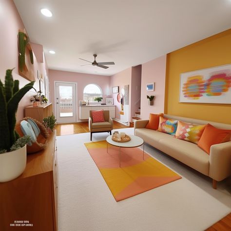 Pink and mustard yellow living area. Pink Mustard Living Room, Mustard And Pink Living Room, Pink Yellow Decor, Yellow And Pink Interior, Yellow And Pink Office, Pink And Yellow Home Decor, Yellow And Pink Living Room, Pink And Yellow Kitchen, Boho Chic Dining Room