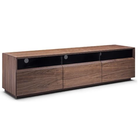 Contemporary TV Stand in Walnut w/ 3 Soft Close Drawer - AptDeco Walnut Tv Stand, Contemporary Tv Stand, Entertainment Centers, Walnut Veneer, Tv Stands, Tv Stand, Walnut, Drawers, Entertainment