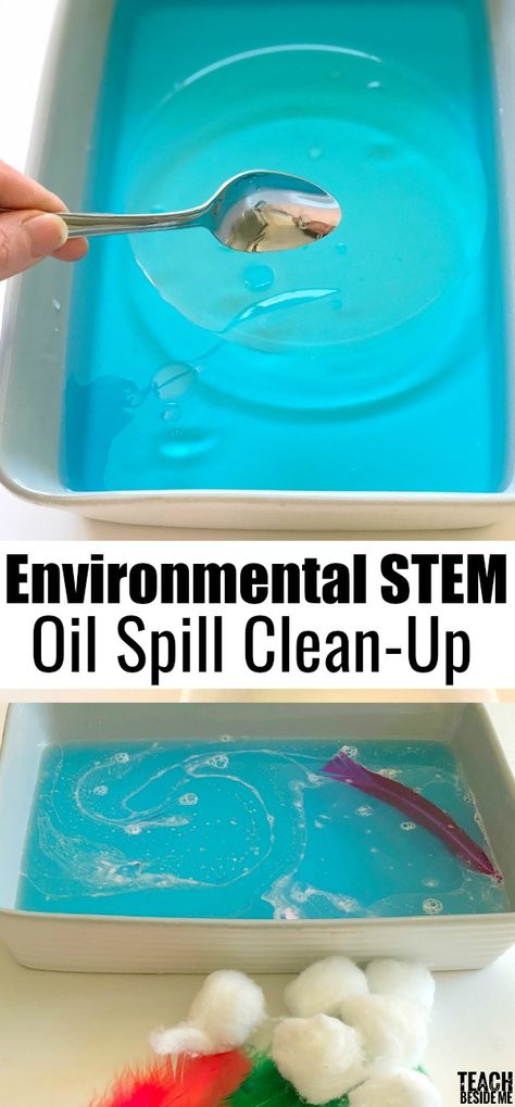 Environmental Science: Oil Spill Clean Up Experiment - Teach Beside Me 6th Grade Science, Oil Spill Clean Up, Vetenskapliga Experiment, Science Stem, Kid Experiments, Oil Spill, Stem Projects, Stem Science, Preschool Science