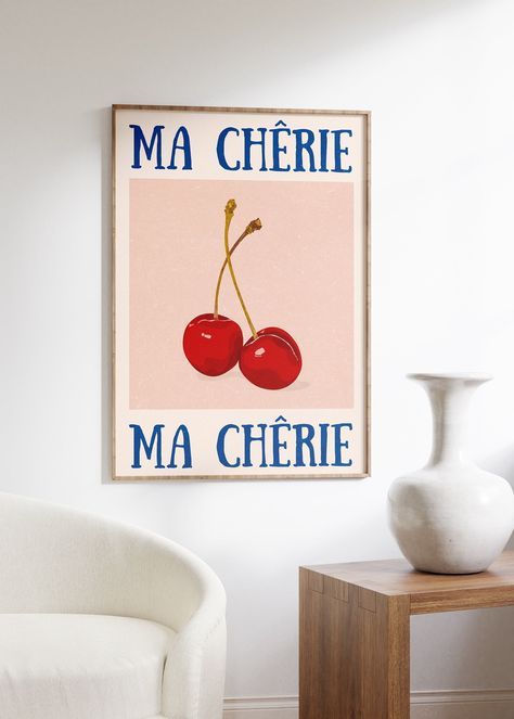 Ma Cherie Poster, Y2k Wall Prints, Cherry Decorations, Apartment Artwork, Trendy Bathroom Decor, Y2k Apartment, Entryway Boho, Funky Wall Decor, Cherry Wall Art