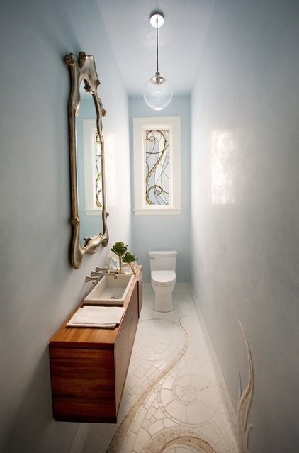 floor tile up wall to visually enlarge the space - <3 Small Toilet Room Design, Small Powder Room Design, Long Narrow Bathroom, Narrow Bathroom Designs, Elegant Powder Room, Small Toilet Design, Powder Room Design Ideas, Contemporary Powder Room, Art Nouveau Interior