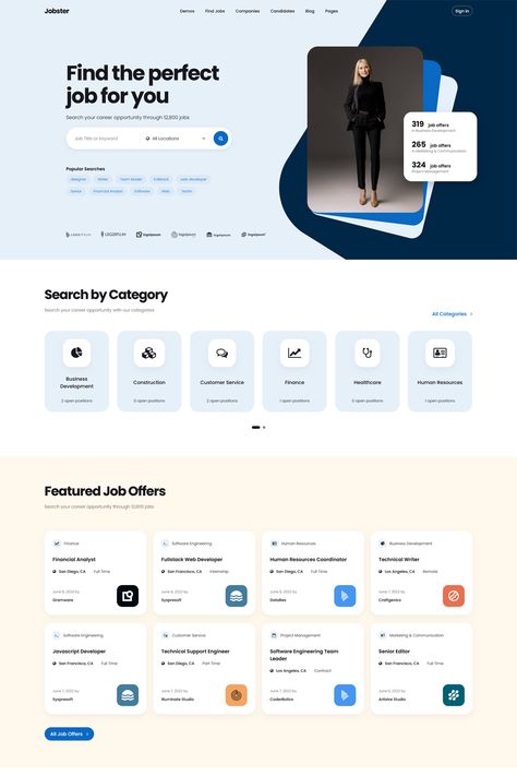 Jobster is a smart job board WordPress theme designed for creating professional and feature-rich job portal websites. It provides all the necessary tools and functionality to build a robust platform for job seekers and employers. Job Board Design, Job Listing Website Design, Human Resources Website Design, Creative Design Website, Job Finder Website, How We Work Web Design, Job Search Website, Project Website Design, Website Design Professional