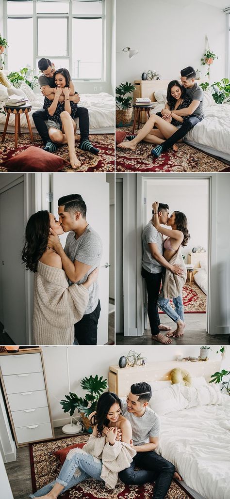 Self Photo Shoot Couple, Couple Anniversary Pictures At Home, Photo Poses For Couples Romantic At Home, Indoor Prewedding Shoot, Couple Photoshoot At Home Ideas, At Home Couples Shoot, Couples Diy Photoshoot, At Home Couples Photoshoot Diy, Couples Bourdier Photoshoot Diy