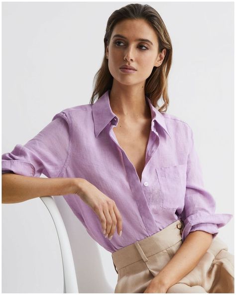 Lilac Shirt Outfits Women, Lilac Shirt, Linen Shirt White, Linen Shirt Outfit, Linen Shirts Women, Relaxed Trousers, Portfolio Images, Style 2024, Sandal Heels