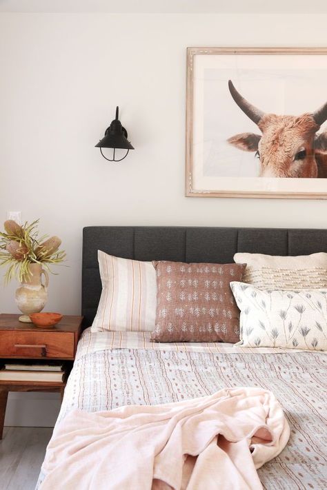 Dusty pink, warm charcoal, and TONS of natural light bring this bedroom to life. With touches of warm wood this is the perfect space for any couple to spend a long weekend exploring MKE. Bedding Refresh, Rustic Master, I Spy Diy, Bedroom Bedding, King Sheets, Bedroom Renovation, Striped Sheets, Bedroom Refresh, I Spy