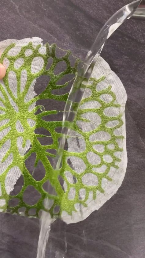Meredith Woolnough’s Instagram video: “This was just too fun not to share. Washing the water soluble fabric away from a little lily pad embroidery I made this week. This…” Couture, Water Soluble Interfacing, Lily Pad Embroidery, Water Soluble Fabric Embroidery, Aged Textiles, Water Textiles, Embroidery Sculpture, Water Embroidery, Meredith Woolnough