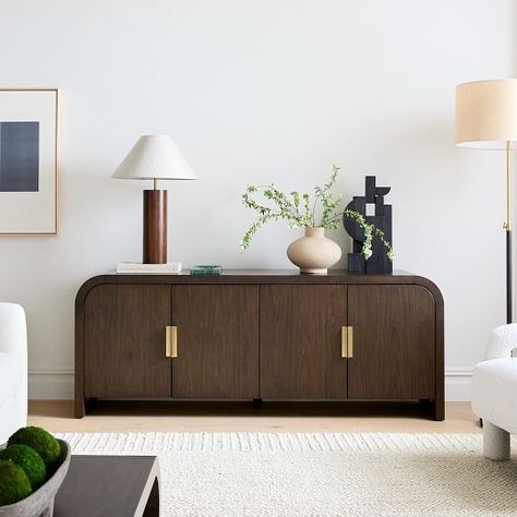 Modern Media Consoles, Cabinets & Storage | West Elm Console Table For Dining Room, Dark Wood Console Table, Bedroom Console, Tv Console Decor, Credenza Decor, Dark Dining Room, Best Online Furniture Stores, Modern Media Console, Wood Media Console