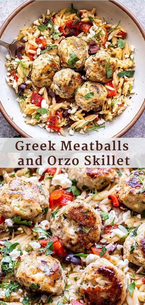 Greek Meatballs And Orzo Skillet, Ground Turkey Beef Recipes, Orzo With Turkey Meatballs, Turkey Feta Meatballs With Orzo, Turkey Meatballs Orzo, Meatballs Meals Dinners, Healthy Dinner Ideas Ground Turkey, Healthy Dinner With Meatballs, Orzo Chicken Meatballs