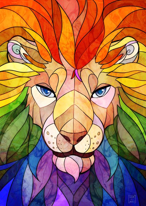 Stained Glass: Rainbow Lion Art Print by Foxinajacket - X-Small Patchwork, Rainbow Lion, Watercolor Quilt, Aesop's Fables, Girl Energy, Stained Glass Patterns Free, Lion And Lamb, Lion Painting, Aesops Fables