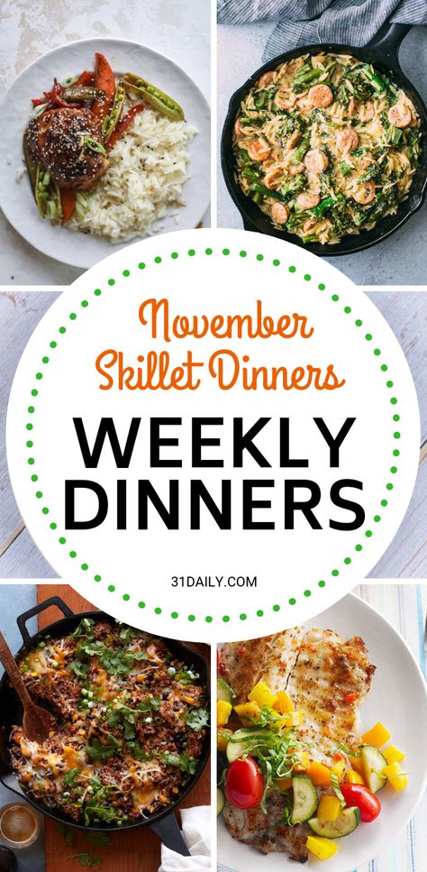 November Skillet Dinners are the theme for this week before Thanksgiving! Easy cleanup, healthy and hearty. It's going to be a great week! Weekly Dinner Meal Plan // Week 46: November Skillet Dinners | 31Daily.com #easyrecipes #skilletdinners #healthyrecipes #weeknightrdinners #31Daily November Meal Ideas, Meal Planning Themes, November Dinner Ideas, November Meal Plan, November Dinners, Weekly Dinner Meal Plan, November Meals, Monthly Meals, Dinner Meal Plan