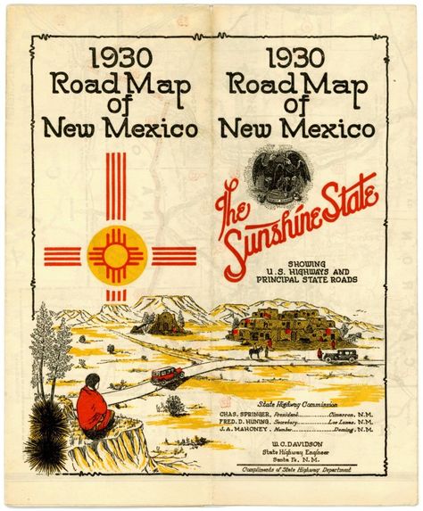 Early New Mexico State Highway Department Road Maps Mexico, New Mexico Design, New Mexico Aesthetic, Diner Art, Summer Merch, New Mexico Art, Chili Verde, Road Maps, Postage Stamp Design