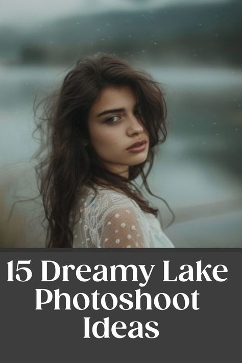Woman with contemplative expression standing by a lake, text overlay suggests inspiration for lake photoshoots. Nature, Photoshoot By The Lake, Lake Photo Ideas, Solo Photoshoot Ideas, Lake Photoshoot Ideas, Stunning Photoshoot, Spring Photoshoot Outfits, Creative Outfit Ideas, Lake Portrait
