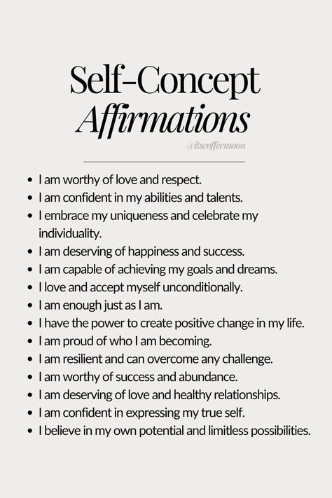 a list of affirmations to change your self image and self concept Self Concept Affirmations, Romanticise Your Life, Vintage Songs, Self Affirmations, Journal Inspiration Writing, Main Character Energy, Spirituality Affirmations, Healing Affirmations, The Glow Up