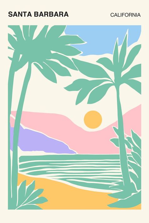 Music Branding, Wall Art Pastel, Tropical Art Print, Ballet Posters, Tropical Illustration, Pastel Cute, California Poster, Pastel Poster, Beach Illustration