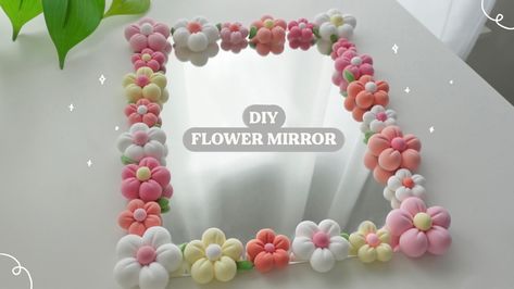 Air Dry Clay Flowers Mirror, Air Dry Flowers Clay Tutorials, Diy Flowers Mirror, Air Clay Mirror Frame, How To Make A Flower Mirror, Diy Foam Clay Mirror, Air Dry Flower Mirror, Flower Diy Mirror, Flower Mirrors Diy