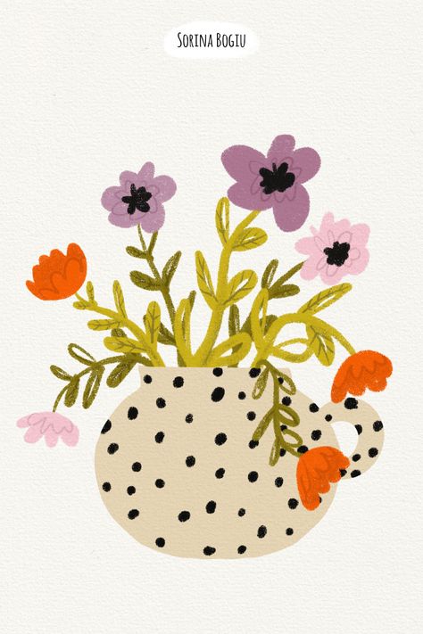 Flower vase illustration #flowers #bloom #dots #purple #spring Vase Of Flowers Illustration, Flower Vase Illustration, Flower Illustration Vintage, Vase Illustration, Purple Illustration, Girly Illustration, Girly Pop, Purple Spring, Summer Illustration