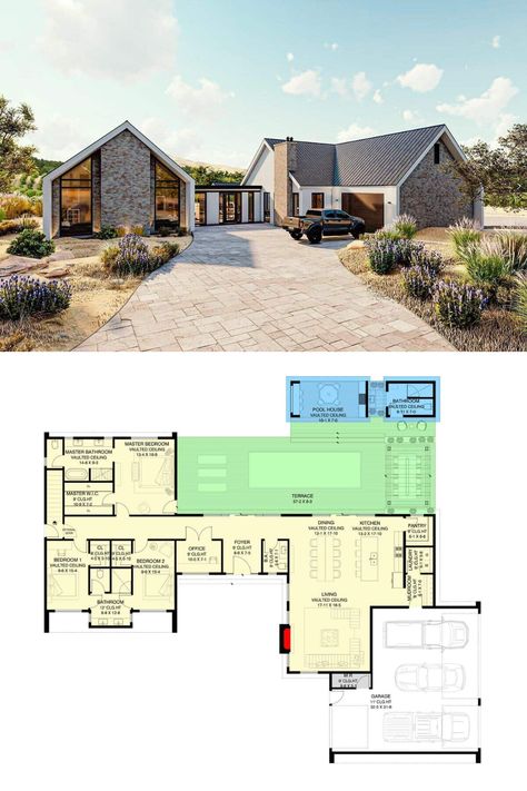 Two-Story Modern Style 5-Bedroom House Plan for a Wide Lot with Courtyard Entry Garage and Poolhouse U Shaped House Plans, Gardening Beds, Designer Garden, L Shaped House Plans, U Shaped Houses, Patio Gardens, Floor Vinyl, House Gardening, Lamps Decor