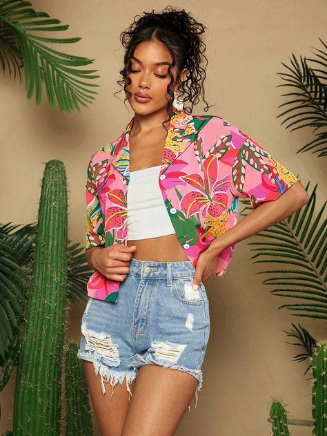 Multicolor Boho Collar Short Sleeve Polyester Tropical,Fruit&Vegetable,Plants,All Over Print Shirt Embellished Non-Stretch  Women Clothing Hawaiian Outfit Women, Hawaii Vacation Outfits, Vegetable Plants, Trendy Products, Tropical Outfit, Hawaii Outfits, Tropical Fashion, Hawaiian Outfit, Tropical Fruits