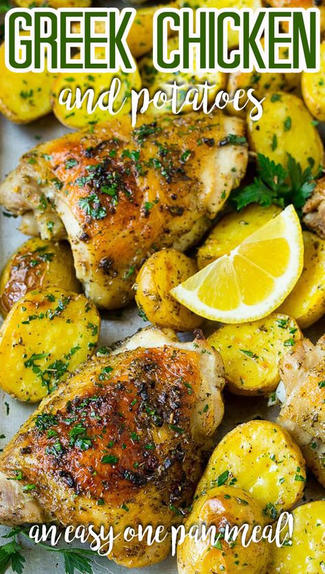 Greek Chicken And Potatoes, Mediterranean Recipes Healthy, Garlic Herb Chicken, Mediterranean Diet Recipes Dinners, Greek Chicken Recipes, Chicken And Potatoes, Greek Lemon Chicken, Recipes Oven, Roasted Chicken Thighs