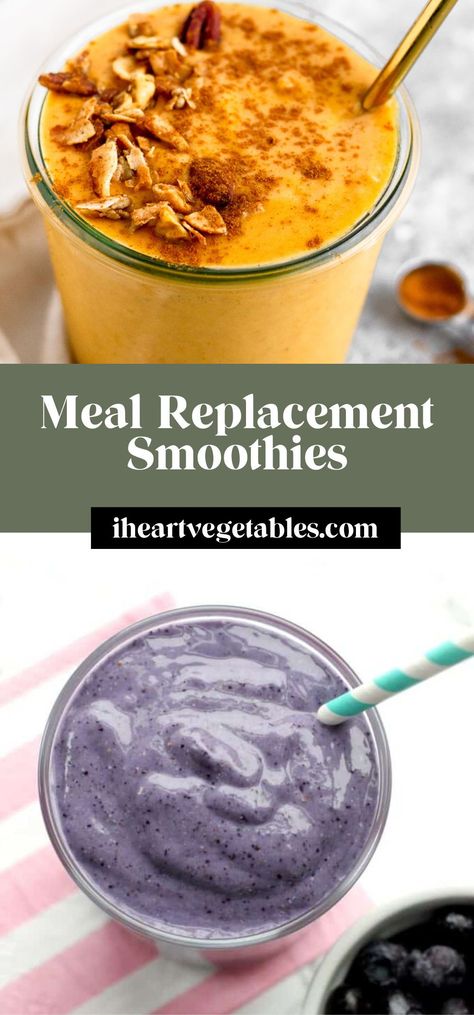 If you’re drinking a smoothie as a meal replacement, it’s important to make sure that it has enough protein, fat, and carbohydrates to sustain you until your next meal. These recipes do the trick! Meal Replacement Smoothies Recipes, Nutribullet Recipes Breakfast, Meal Replacement Smoothie, High Protein Smoothie Recipes, Protein Breakfast Smoothie, Dinner Smoothie, Protein Meal Replacement Shakes, Meal Replacement Drinks, Oatmeal Smoothie