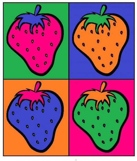 Finished strawberry pop art.                                                                                                                                                                                 More Pop Art Party, Art Andy Warhol, Strawberry Pop, Pop Art Food, Konst Designs, Pop Art For Kids, Andy Warhol Pop Art, Fall Tree Painting, Andy Warhol Art