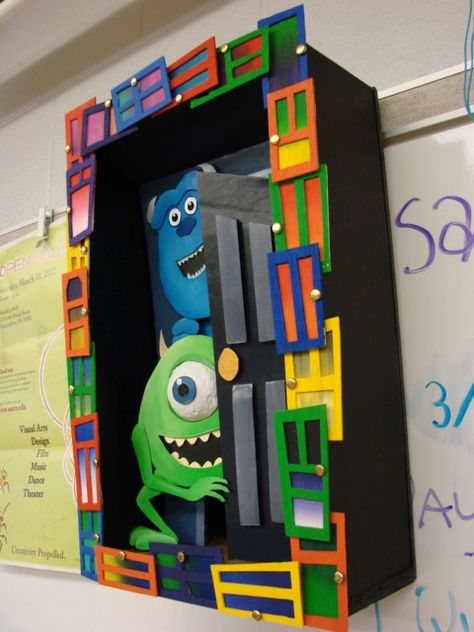 side view Pixar Classroom, Monsters Inc Doors, Monster Theme Classroom, Painted Brick Wall, Monsters Inc University, Disney Movie Scenes, Monster Theme, Disney Pixar Movies, Theme Classroom