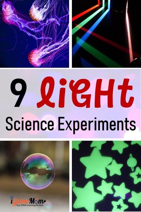 Five senses science experiments for kids to learn about light and the sense of seeing: reflection, prism, UV light, ... Fun STEM activities for science class, science fair, science camp, for kids all ages #iGameMomSTEM Creation Science Experiments, Light Science Experiments For Preschool, Light Stem Activities, Light Science Project, Light Experiments For 1st Grade, Light And Sound Experiments For Kids, Energy Science Experiments For Kids, Light Science Experiments For Kids, Light Study Preschool