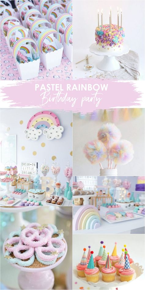 Party Time! 12 Creative and Unique First Birthday Party Ideas | Tulle & Chantilly Wedding Blog Pastel Rainbow Candy Table, Rainbow Themed Birthday Party Ideas, Sweets Theme Birthday Party, Somewhere Over The Rainbow Birthday Party, Rainbow Kids Birthday Party, Dreamy Birthday Theme, Pastel Cocomelon Party, Pastel Themed Birthday Party, Pastel Rainbow Baby Shower Ideas