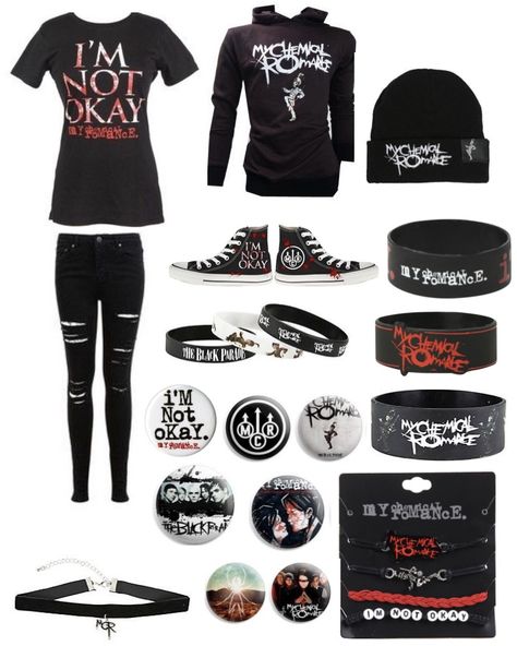 My Chemical Romance emo outfit My Chemical Romance Aesthetic Outfits, My Chemical Romance Outfit Ideas, My Chemical Romance Concert Outfit, Emo Gifts Ideas, My Chemical Romance Nails, Emo Clothes 2000s, Casual Emo Outfits, Emo Outfits For Guys, Mcr Revenge