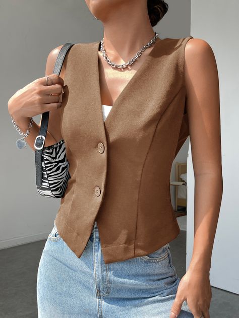 Coffee Brown Casual Collar Sleeveless Fabric Plain Vest Embellished Medium Stretch  Women Suits Brown Waistcoat Outfit Women, Brown Vest Outfits For Women, Woman Vest Outfit, Brown Vest Outfit, Waistcoat Outfit Women, Collar Outfits, Waistcoat Outfit, Vest Outfits For Women, Plain Vest