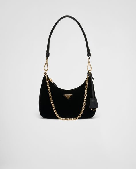 Black Prada Re-edition Velvet Mini-bag | PRADA Prada Black Bag, Black Prada Bag, Prada Mini Bag, Prada Re Edition, Prada Shoulder Bag, Prada Collection, Leather Keyring, Mini Pouches, Triangle Logo