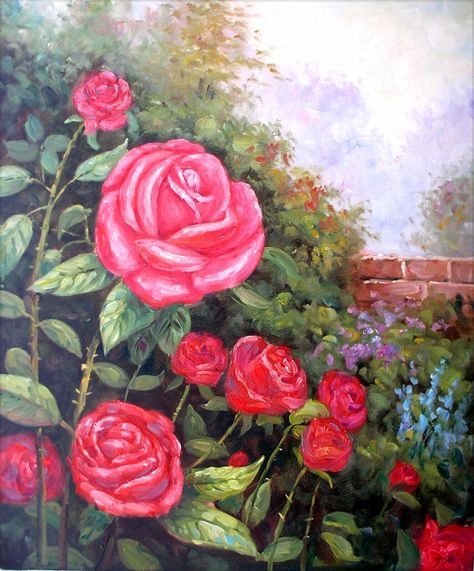 Rose Garden Painting, Swing Painting, Inspiring Artwork, Garden Painting, Oil On Canvas Painting, Mass Production, Rose Painting, Medical Center, Rose Garden