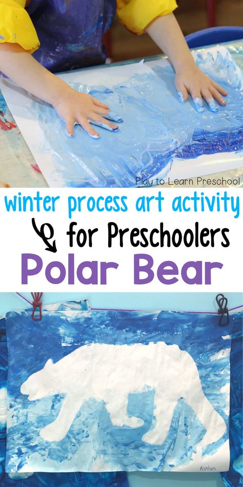 An awesome process art activity parents will want to hang on the fridge! Preschoolers can get messy and create whatever their heart desires, then peel off the polar bear image to see their beautiful artwork. Process art is important because it provides the children the opportunity to learn and explore on their own terms, instead of project based art that doesn't allow for much imagination. #processart #preschool Arctic Animal Crafts For Preschoolers, Polar Crafts Preschool, Teddy Bear Process Art, January Process Art, Polar Bear Preschool Art, Polar Animal Art Preschool, Polar Bear Process Art, Arctic Crafts For Preschool, Winter Prek Art