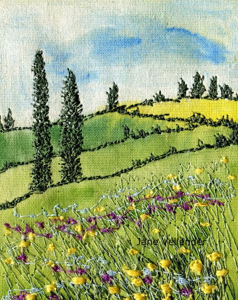 Simpul Makrame, Freehand Machine Embroidery, Landscape Art Quilts, Textile Art Embroidery, Landscape Quilt, Fabric Postcards, Stitch Pictures, Landscape Quilts, Free Motion Embroidery