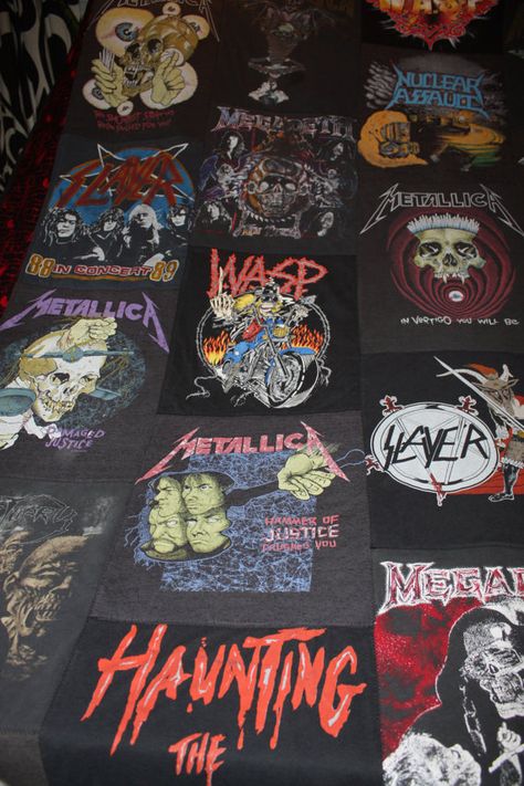 Heavy metal t-shirt quilt! Patchwork, Heavy Metal T Shirt, Metal Bands Shirts, Metal Band T Shirts, Heavy Metal Tshirt, Heavy Metal Shirts, Metal Outfits, Emo T Shirt, Metal Band Shirts