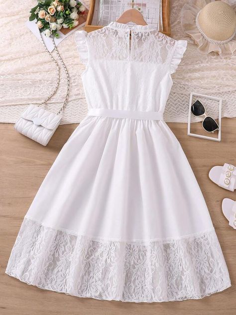 Teen Girls' Lace Patchwork Button Front Dress With Waist Belt | SHEIN USA Ladys Dresses, Dress With Waist Belt, Baby Gowns, Cute White Dress, Teenage Girls Dresses, Girls White Dress, Cute Dress Outfits, Teen Girl Dresses, Aesthetic Travel