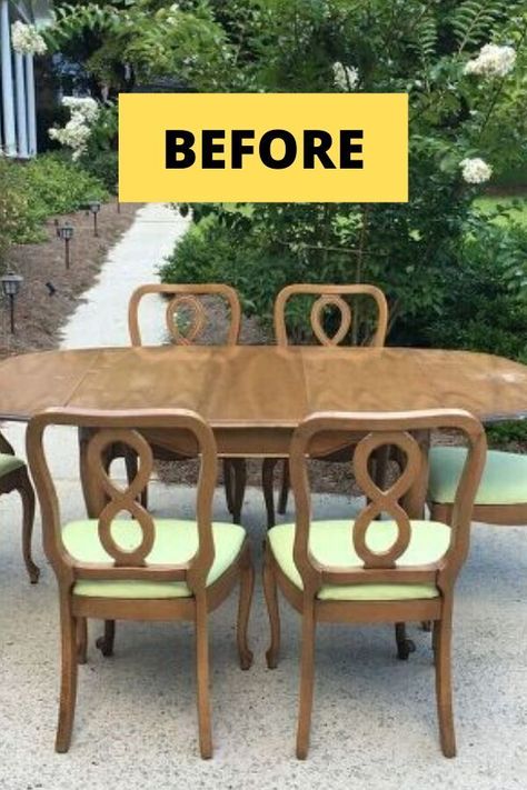 Upcycling, French Country Chair Makeover, Cottage Dining Table And Chairs, French Cottage Dining Table, Furniture Rehab Before After, Christmas Furniture Ideas, Repainting Dining Room Table And Chairs, Distressed Table And Chairs, Colorful Cottage Dining Room