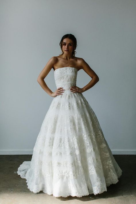 Francesca Gown | A-Line Lace Wedding Dress | Karen Willis Holmes Archives Lace Flow Wedding Dresses, Elegant Wedding Dress Timeless, Vp Couture Wedding Dress, Sleeveless Wedding Dress Ball Gowns, Soft Feminine Wedding Dress, Elegant Floral Wedding Dress, Wedding Dress Tiered Skirt, Timeless Romantic Wedding Dress, Basque Waist Wedding Dress