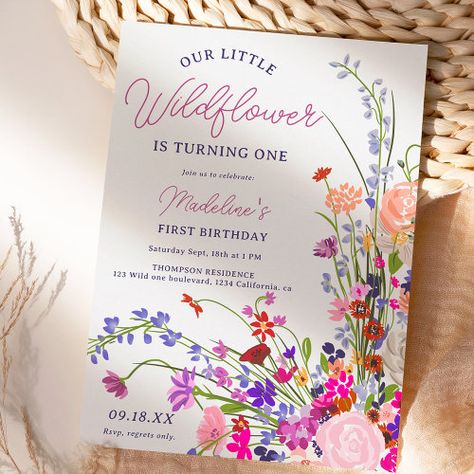 Wild Flowers Bouquet, Wildflower Birthday Party, Green And Terracotta, Wildflower Party, Bouquet Illustration, Flower Birthday Party, 100th Birthday Party, Elegant Typography, 2nd Birthday Invitations