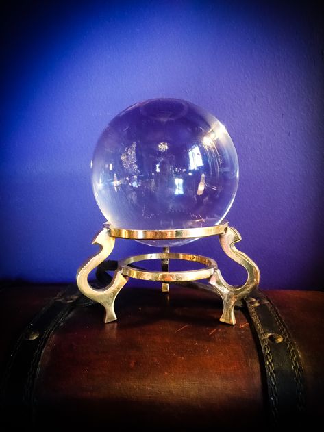 Crystal Ball & Vintage Stand // This beautiful crystal ball comes with a 1960’s vintage brass stand.  A crystal ball, also known as an orbuculum, is a crystal or glass ball and common fortune telling object. It is generally associated with the performance of clairvoyance and scrying in particular. Purple Crystal Ball, Crystal Gazing, Crystal Ball Stand, Art Homework, Witches Cottage, Celtic Druids, Vintage Stand, Random Vintage, Gothic Artwork