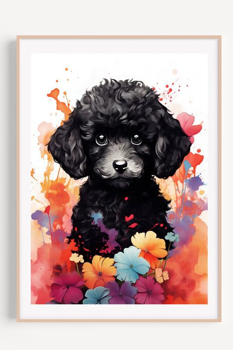 Black Poodle Printable Watercolor Poster Watercolor Black Dog, Black Dog Painting, Poodle Painting, Illustration Whimsical, Poodle Artwork, Dog Illustration Art, Dog Watercolor Painting, Maltipoo Dog, Black Poodle